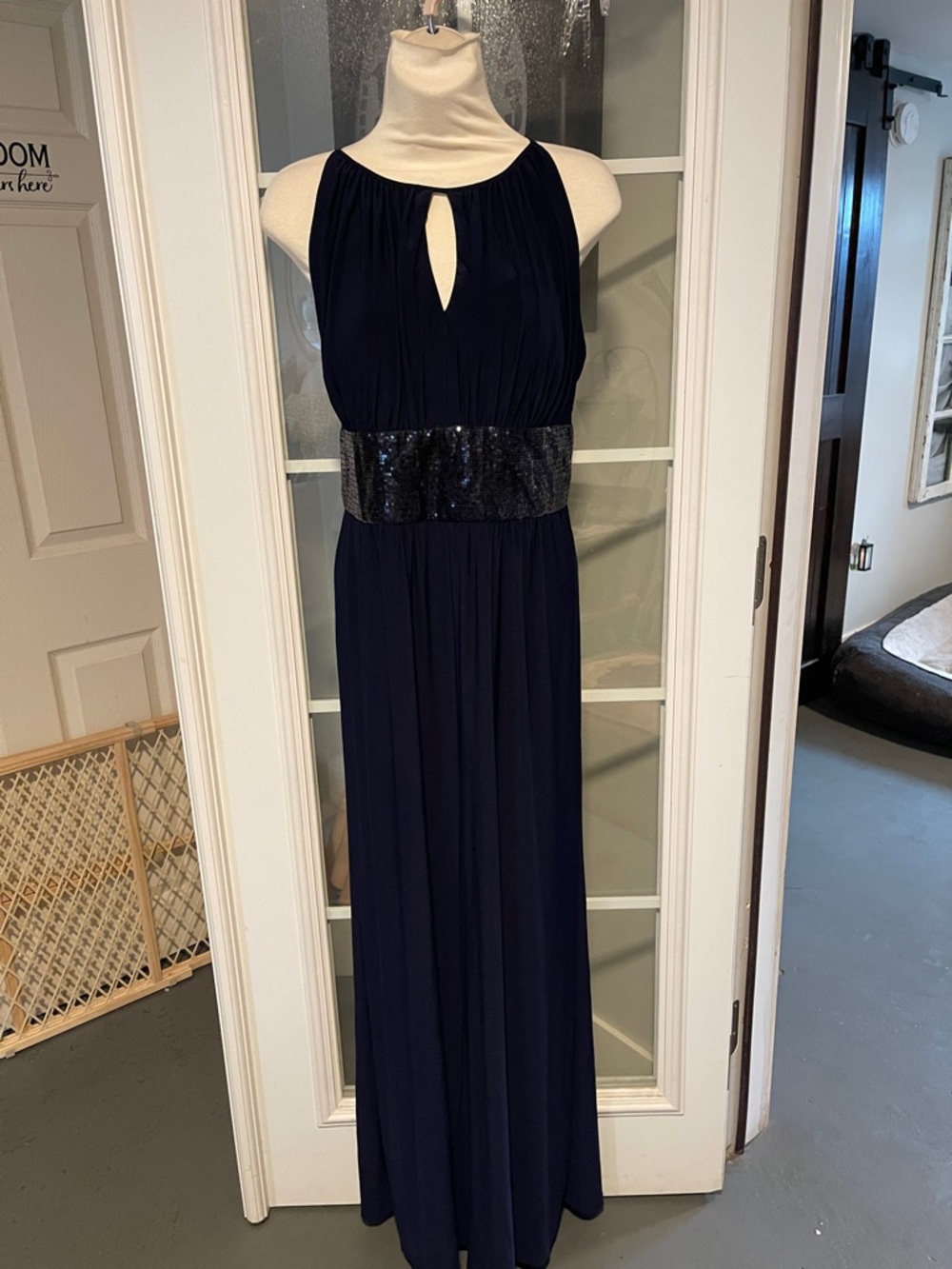 R&M Richards Navy Halter Maxi Dress with Sequin Waistband